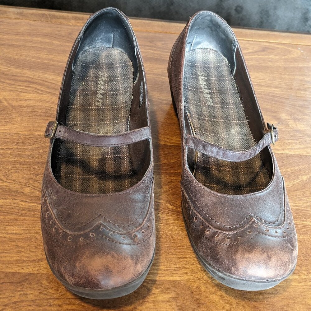 Skechers - Wingtip Mary Jane Wedge Shoes - Brown Leather - Womens 11